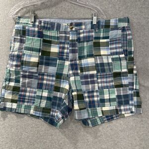 LL Bean Shorts Womens 18  Blue grn Patchwork Plaid Madras Favorite Fit Chino